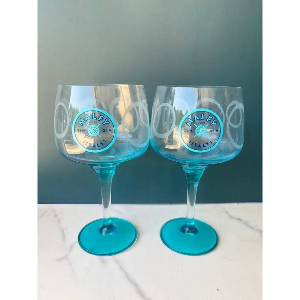 Malfy Gin Italy Copa Glasses Set of 2 Turquoise Blue Balloon Stemware 18 oz